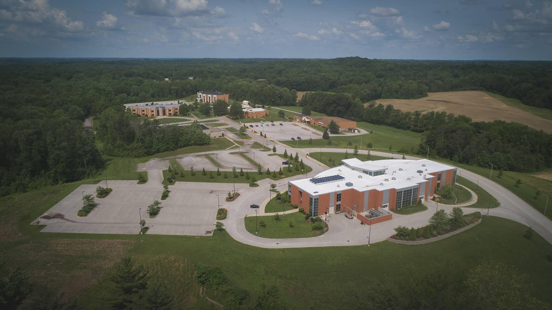 An aerial camera view of the Vincennes University Jasper campus